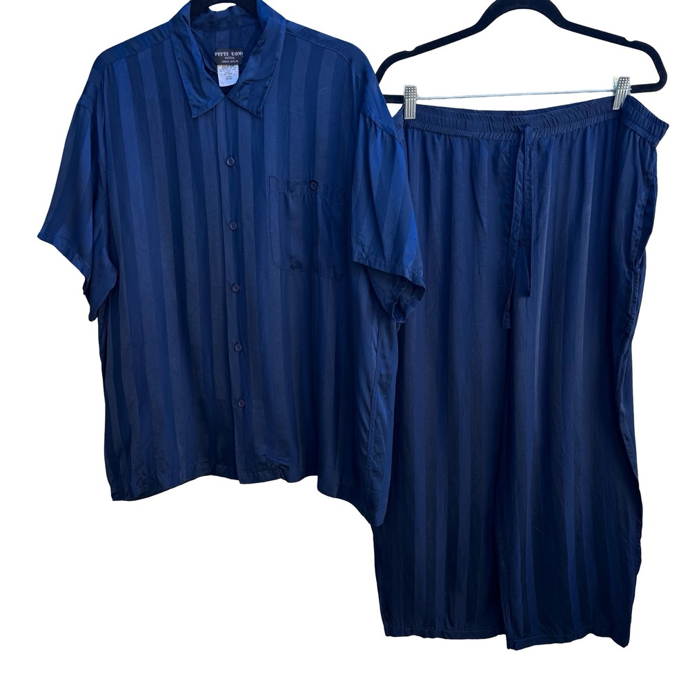 Pitti Uomo Moda Vintage 100% Silk Luxury Loungewear Sleepwear Pajama Set Navy L
